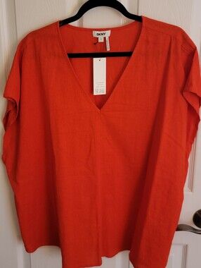 DKNY Linen V-Neck Short Sleeve Tunic